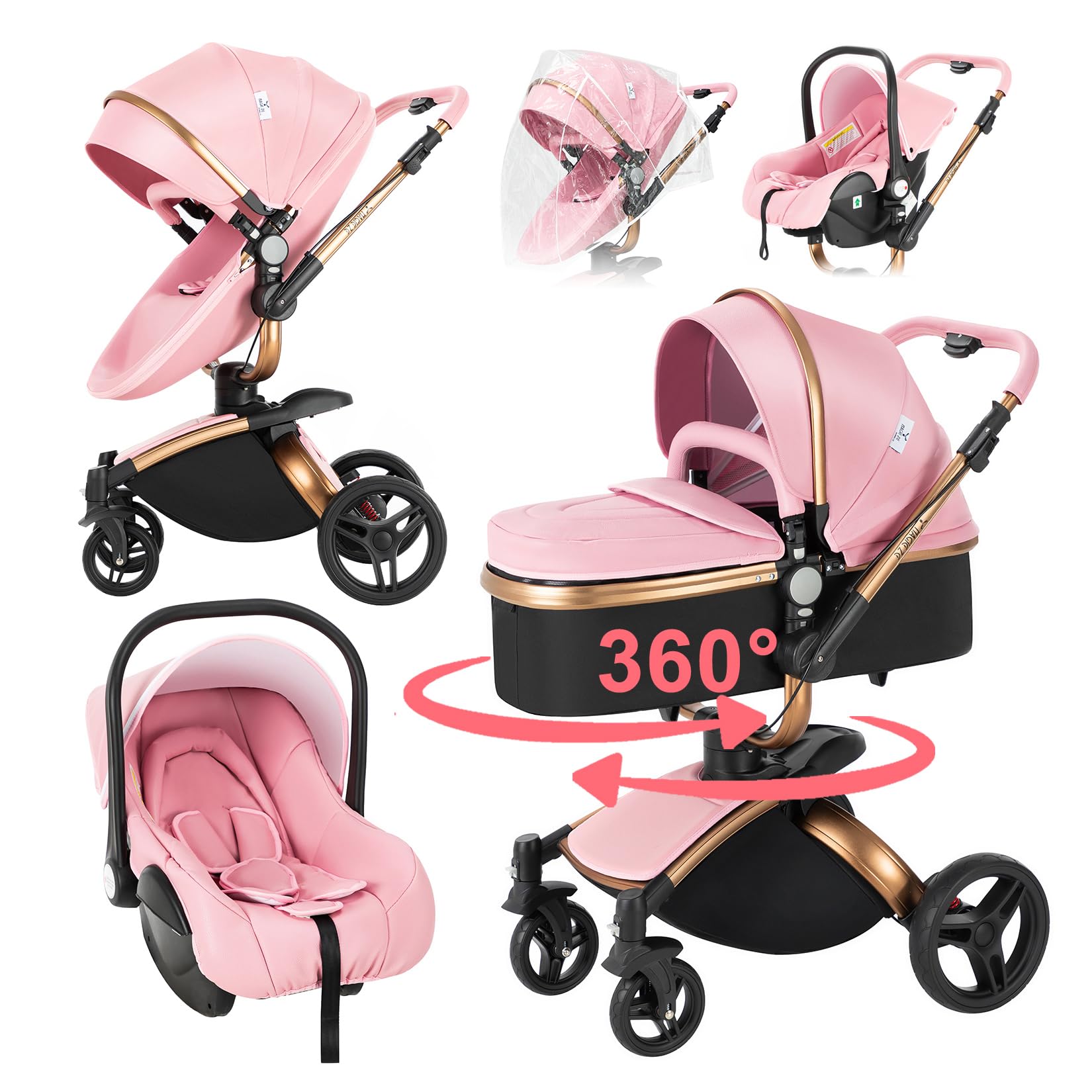 Magic ZC 360° Girevole Pelle PU Passeggino Trio, Passeggino 3 in 1 con Reversibile a Due Vie, Trio Passeggini Neonati con Accessori, Carrozzina per Neonati con Portatile Pieghevole Un Clic (906 Pink)