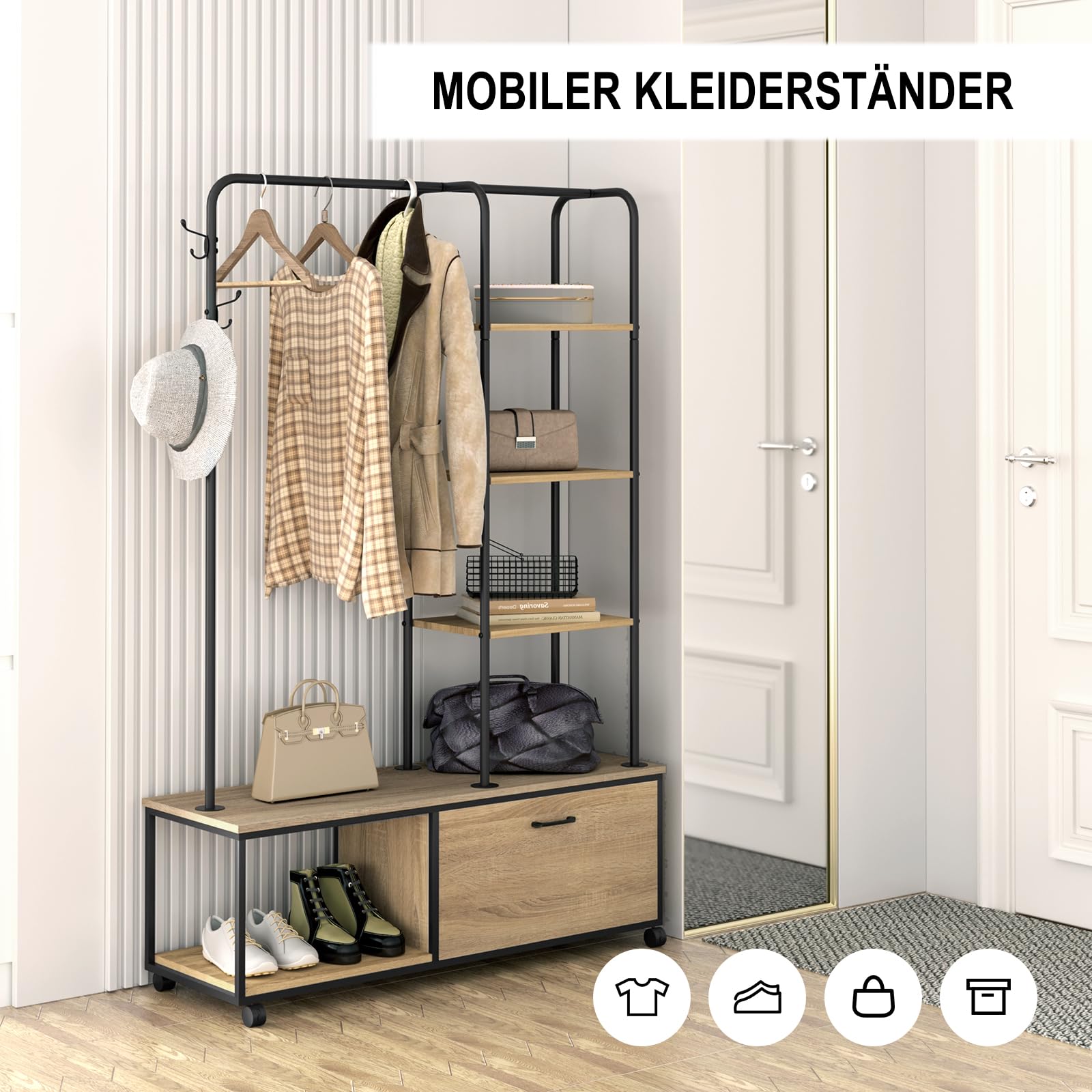 eSituro Kleiderständer, freistehender Garderobenständer auf 4 Rollen, mit 1 Kleiderstange Schrank, 5 Ablagen 3 Haken, Multifunktionales Regal aus MDF Metall, Schwarz Holzmaserung