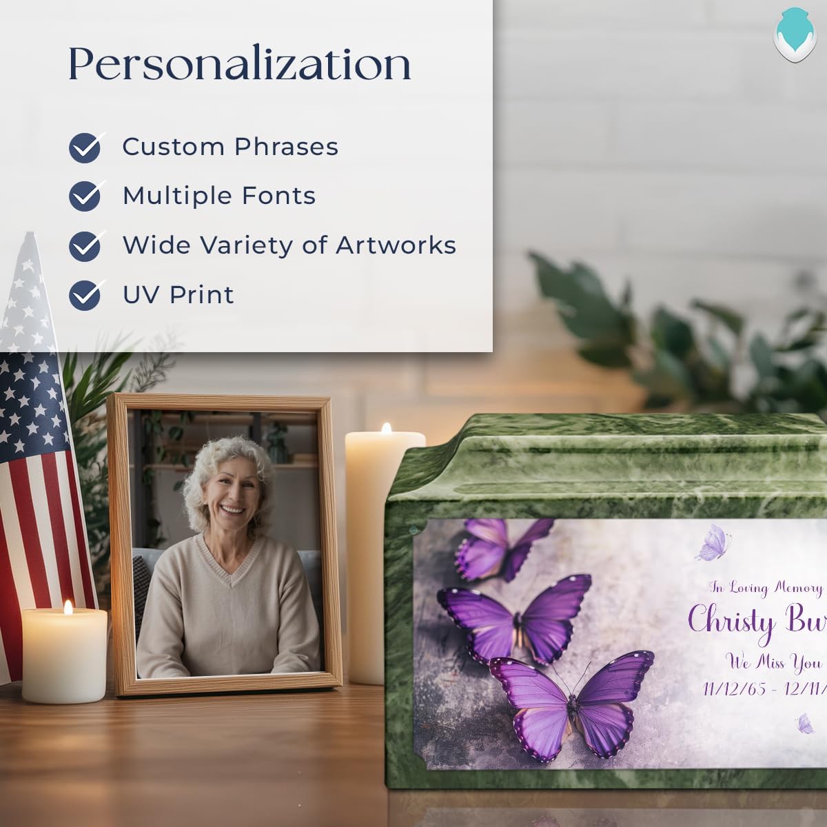 GetUrns Cultured Marble Urn Vault by Mackenzie with Personalized Butterfly and Text for Human Ashes I Emerald Adult Urns for Male and Female I 210lbs