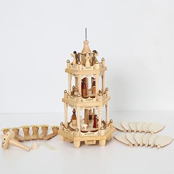 Christmas Wooden Windmill Pyramid 18 Inch -3 Tier Candle Carousel | with Hand-Painted Nativity Scene with Turning Wings with 6 Candle Holders
