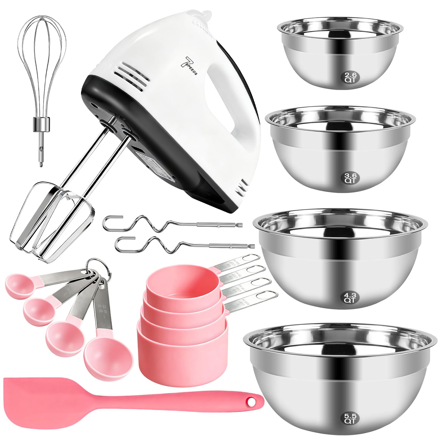 Set da forno elettrico con 7 velocità, 4 ciotole in acciaio inox, misurini e cucchiai, spatola in silicone, frusta portatile completa da 180 W per torte, impasti e cottura quotidiana