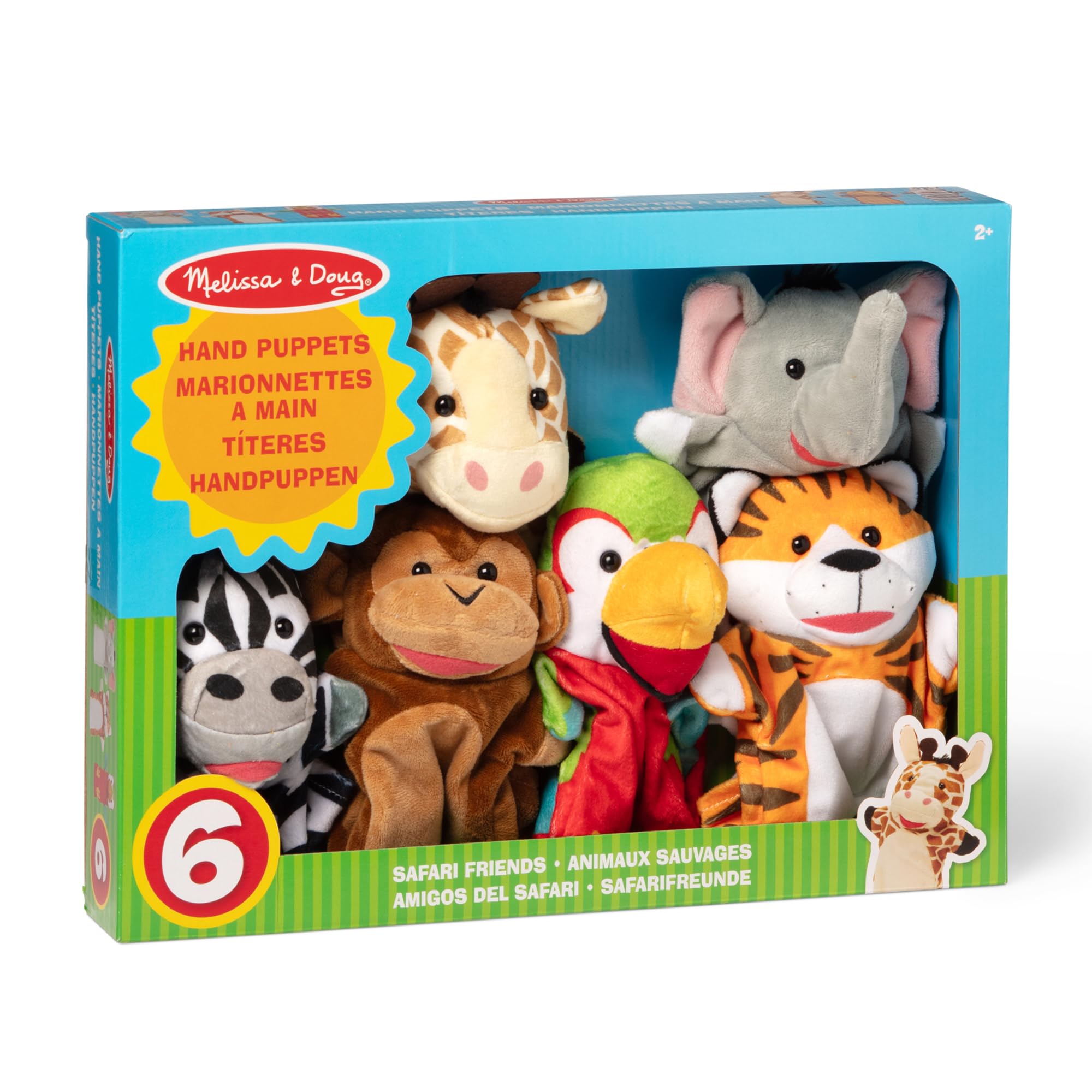 Melissa & Doug Safari Buddies Hand Puppets, Set of 6 (Elephant, Tiger, Parrot, Giraffe, Monkey, Zebra) Soft, Plush Animal Hand Puppets For Toddlers And Kids Ages 2+