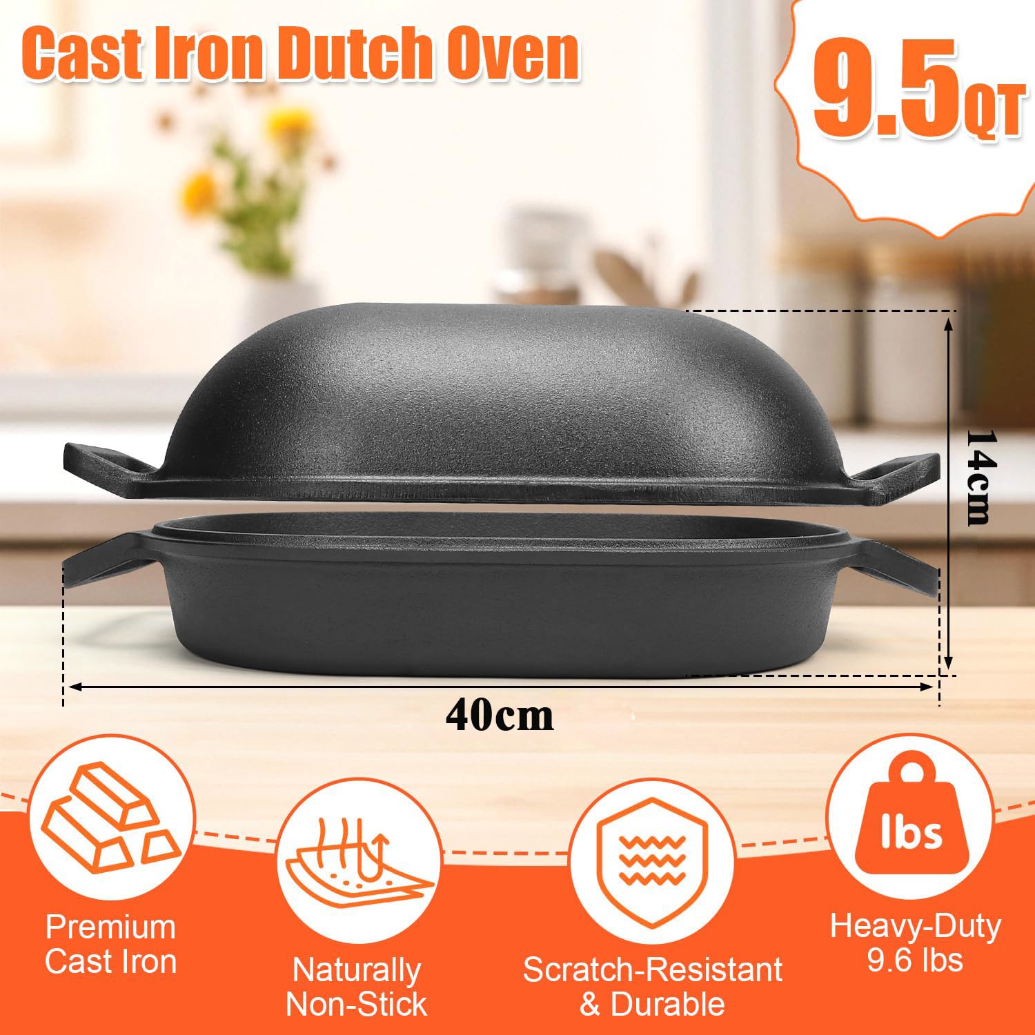 GFTIME Gusseisen Topf 40cm Brot Backen, Brotbackform mit Deckel - Robuste Brotbackform mit Deckel - Idealer Brottopf, Brotbacktopf, Gusseisentopf Brotform, Toastbrot Backform