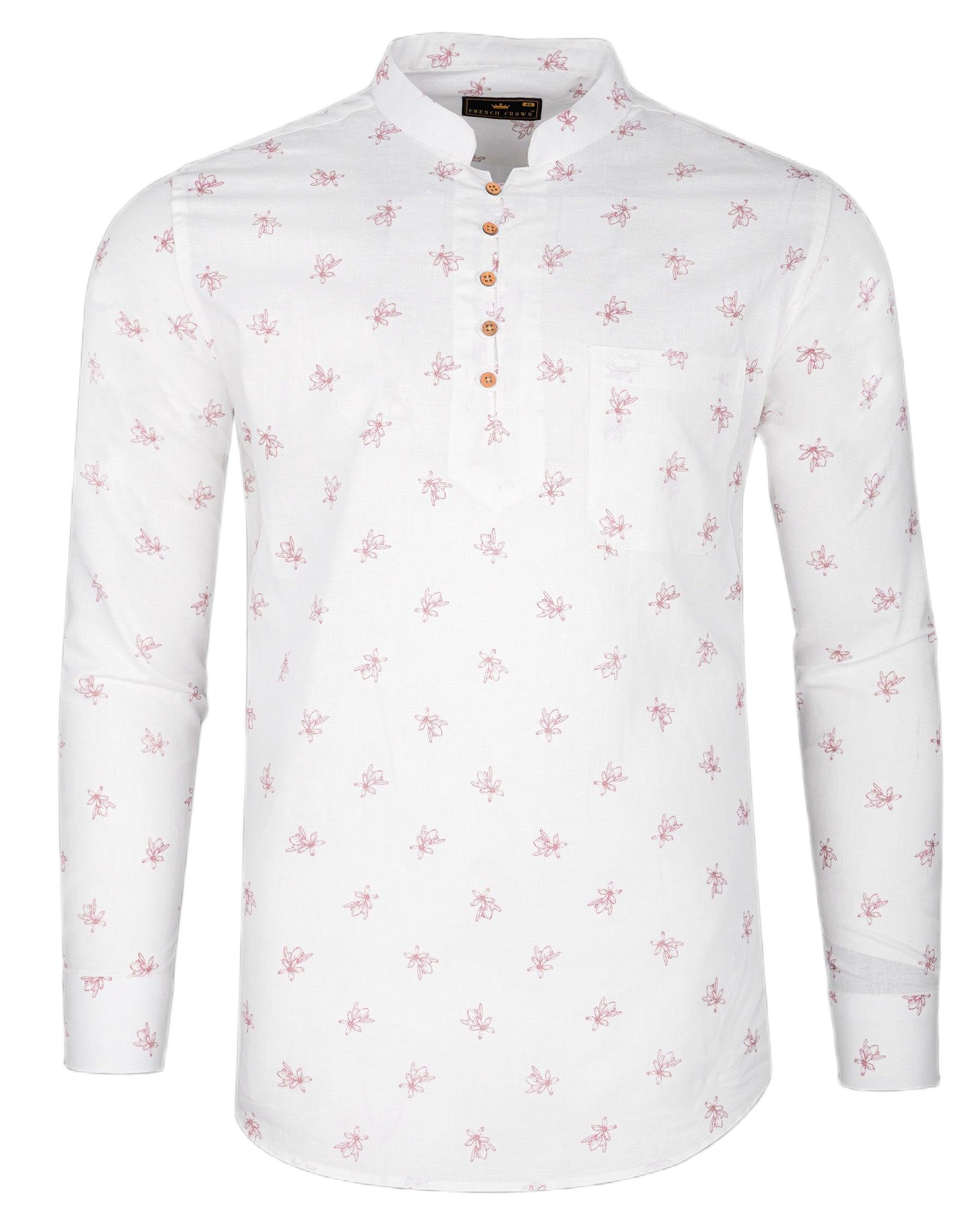 Bright White with Charm Pink Ditzy Floral Printed Luxurious Linen Kurta Shirt-image-42