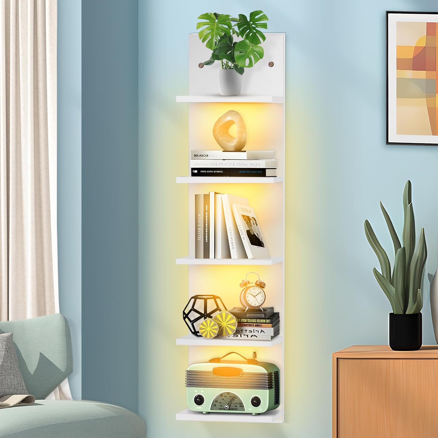 5 Tier Floating Shelves with Light LED Wall Mount Vertical Lack Shelf Display Shelf with LED Wall Decor Shelves for Bedroom Living Room Book Gaming Shelf White