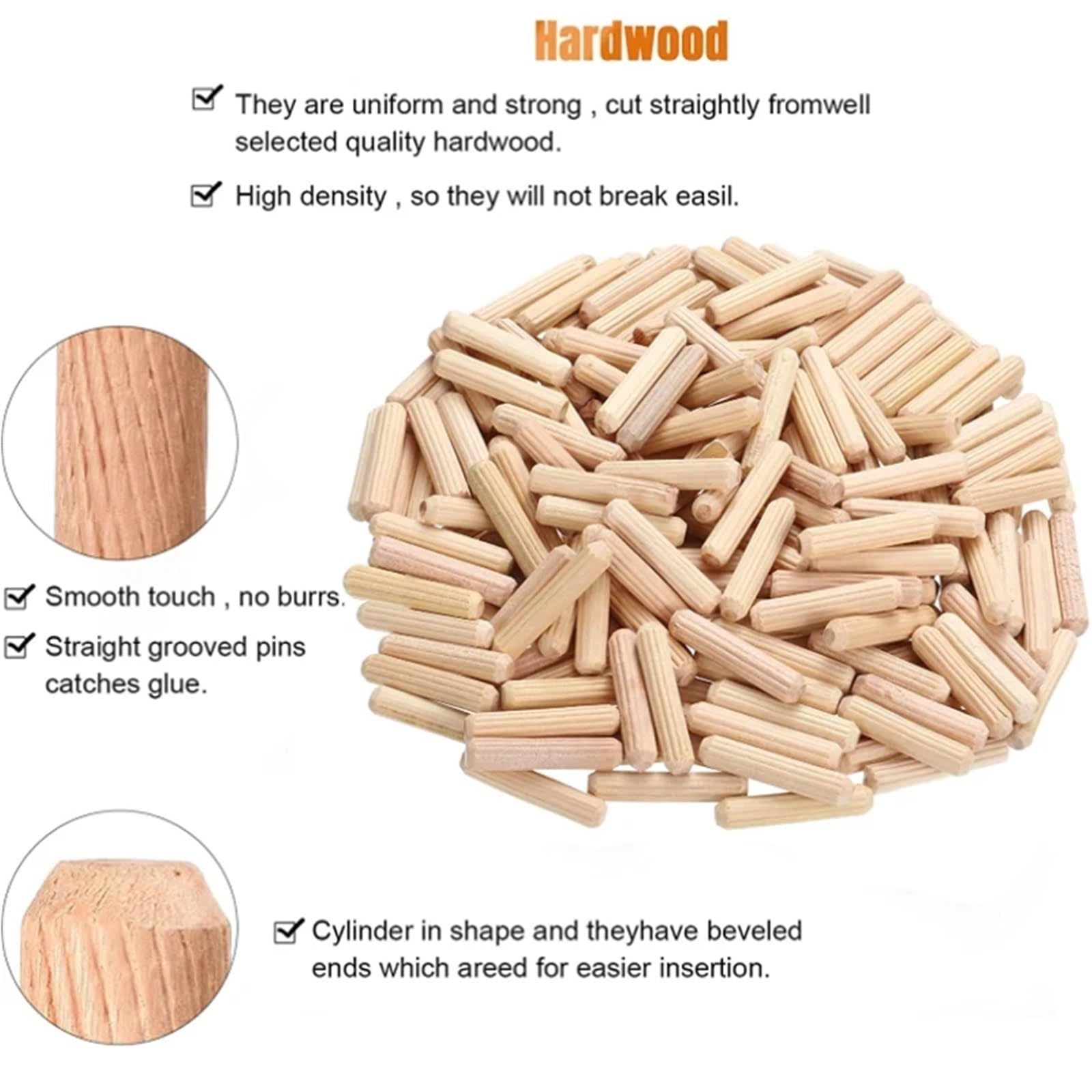 Holzdübel, Holzdübelstifte, 1000-teiliges Holzdübelstangen-Set for Möbel, Schränke, Schubladen, rund, geriffeltes Holz, DIY-Handwerk(0.4x2.5cm)