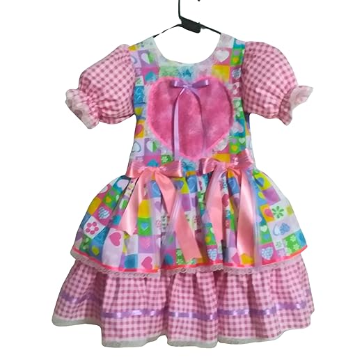 Vestido de Festa Junina Infantil, Estilo Quadrilha, Tecido Xadrez com Corações, Rosa e Vermelho (BR, Idade, 1 Ano, 2 Anos, Rosa)