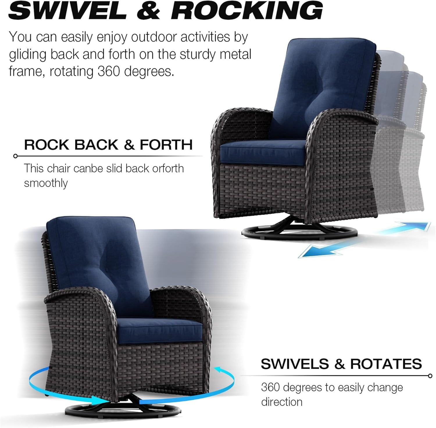 Joyside Patio Swivel Rocker Wicker Chairs - Outdoor Swivel Rocking Chairs Set of 2 with Wicker Side Table, Patio Swivel Rocker Chair 3 Piece Patio Furniture Sets for Porch Deck(Brown/Blue)