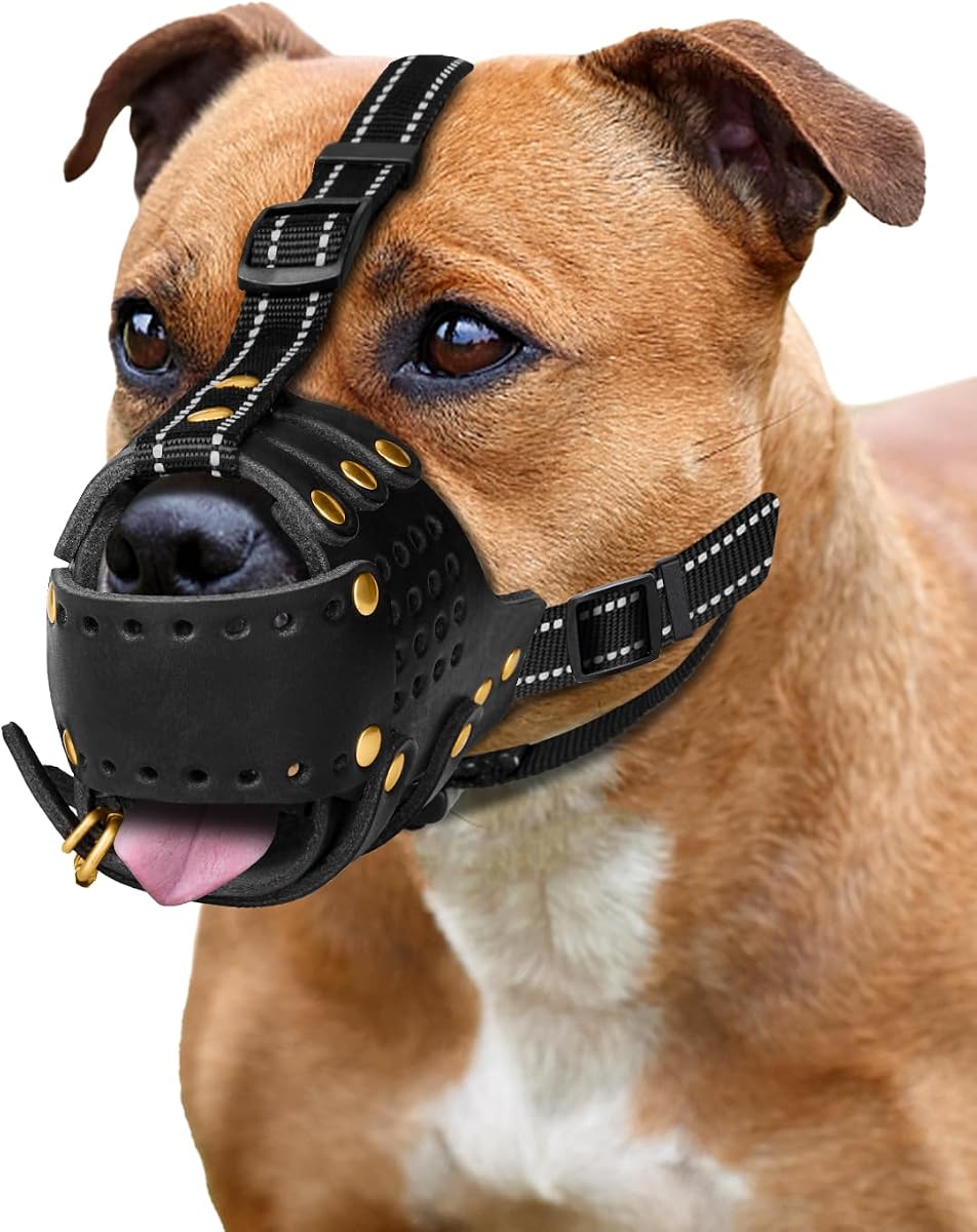 MIDOG Dog Muzzle for X-Large Dogs, Genuine Leather Muzzles with Reflective Adjustable Straps, Quick-Release Buckle and Metal Hardware, Breathable Dog Mouth Guard for Panting, Drinking and Feeding