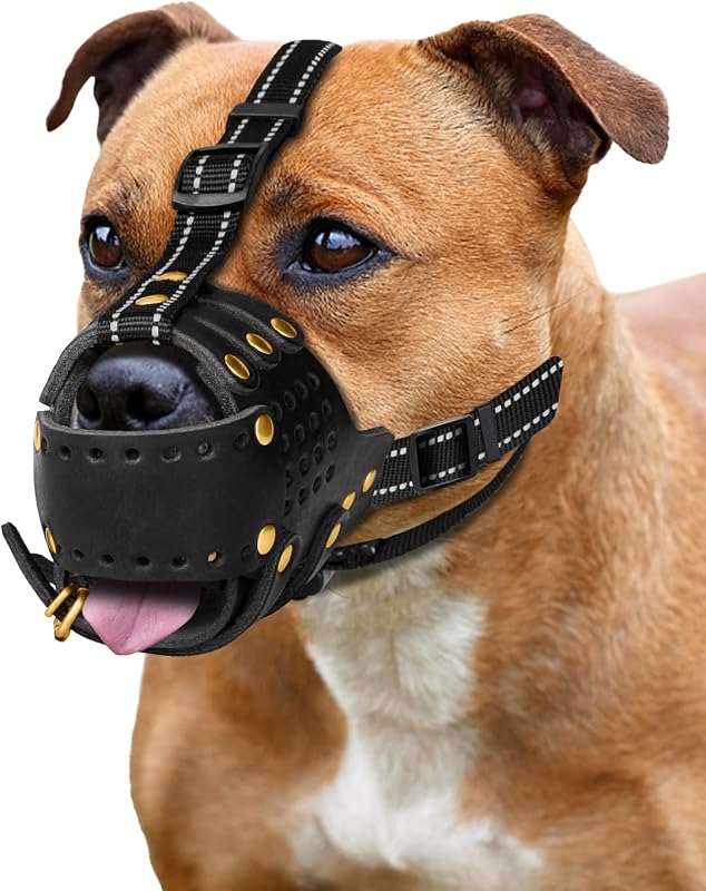 MIDOG Dog Muzzle for X-Large Dogs, Genuine Leather Muzzles with Reflective Adjustable Straps, Quick-Release Buckle and Metal Hardware, Breathable Dog Mouth Guard for Panting, Drinking and Feeding