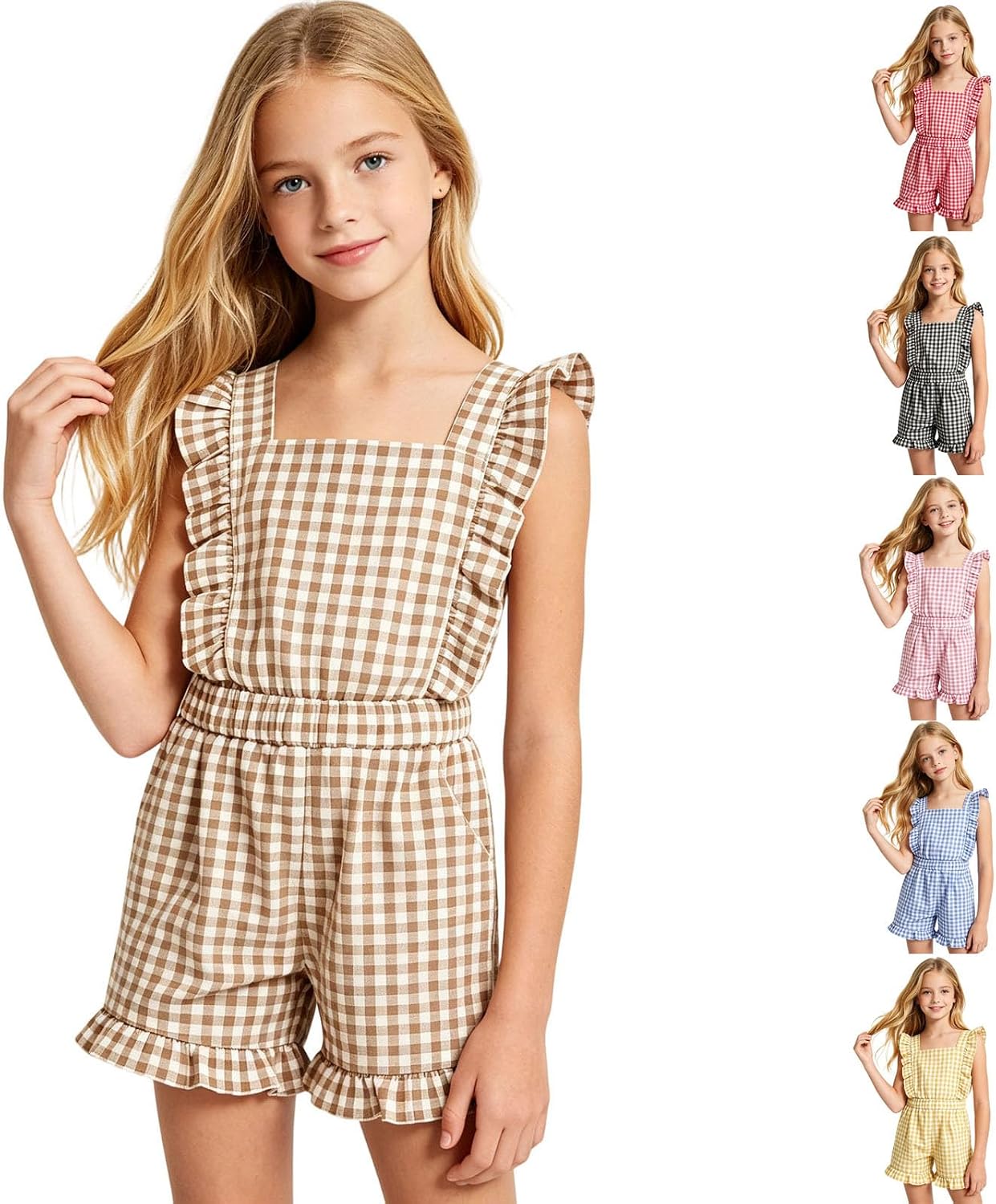 Girls Gingham Romper Sleeveless Ruffle Short Jumpsuit Cute Square Neck Plaid Summer Outfits Playsuits with Pockets