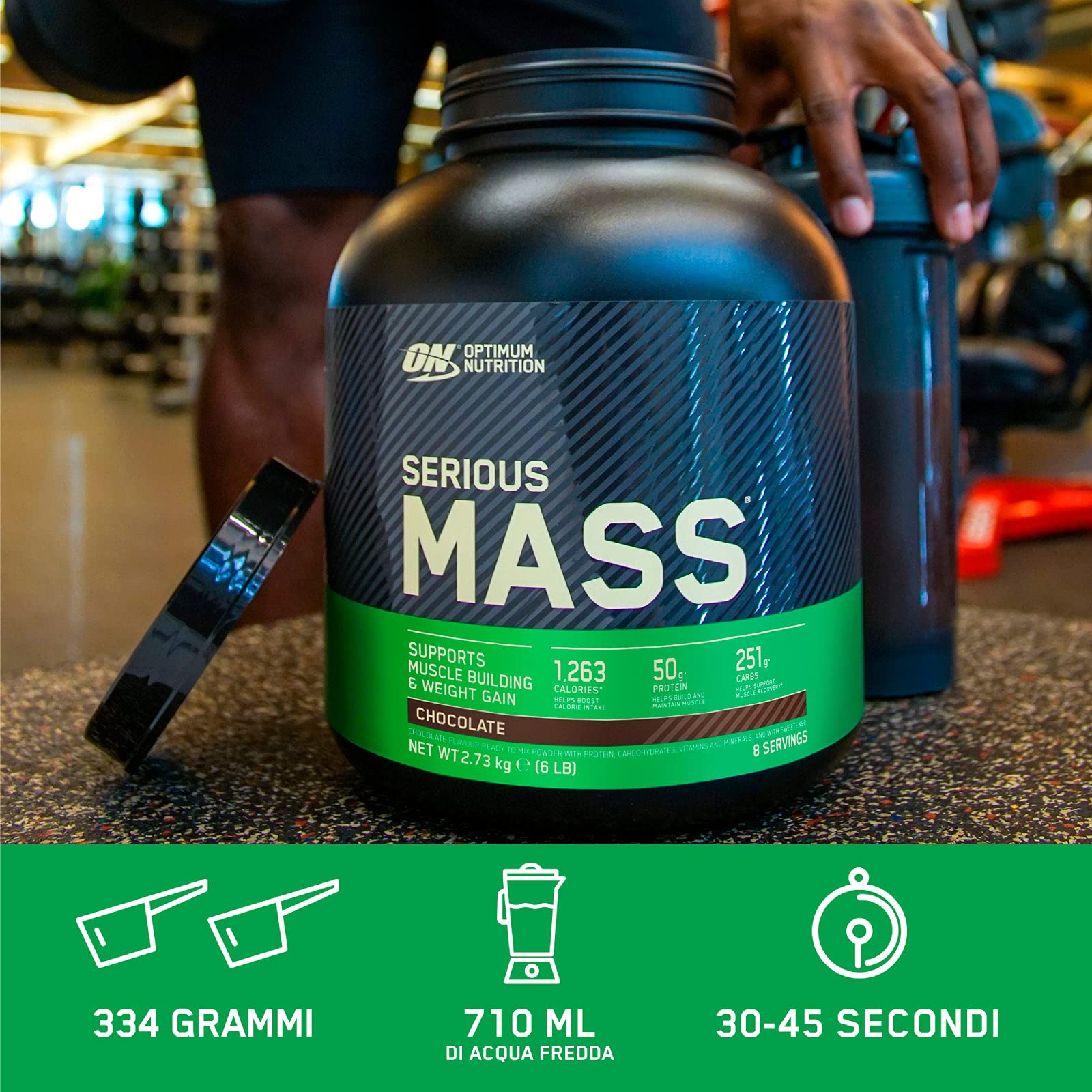 Optimum Nutrition Serious Mass Gainer Proteine Whey in Polvere per Aumentare la Massa Muscolare con Creatina Glutammina e Vitamine Cioccolato 2,73kg 8 Porzioni + SHAKER