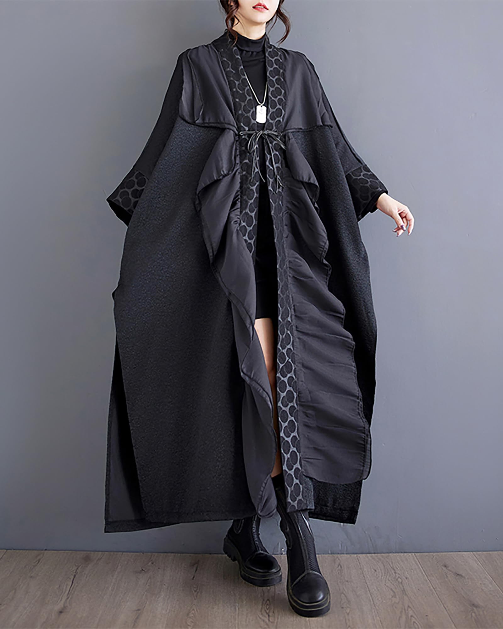 ellazhu Damenmantel Einfarbig Schwarz Langarm Split Flowy Saum Oversize Länge bis zum Knöchel Lockerer Herbst GZ271 A