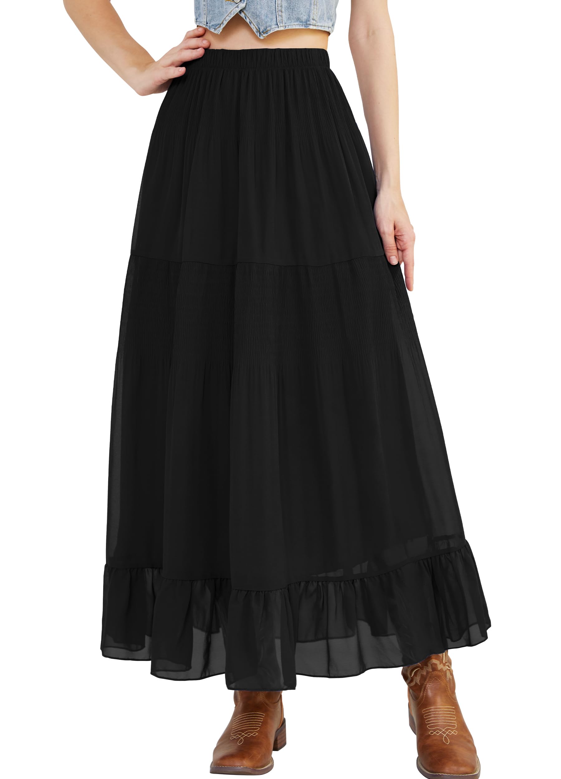 Womens Ruffle Maxi Skirts Elastic High-Waist Pleated Long Skirt Fall Thick Chiffon Multi-Layer Skirts