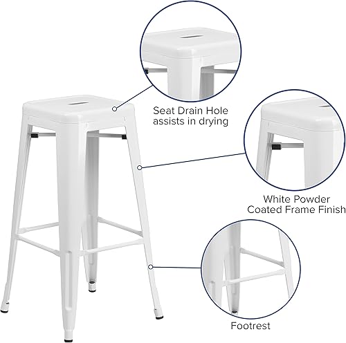 Miniatura 6 de Flash Furniture Lily - Juego de 4 taburetes de bar de metal blanco sin respaldo de 30 pulgadas de alto grado comercial para interiores y exteriores