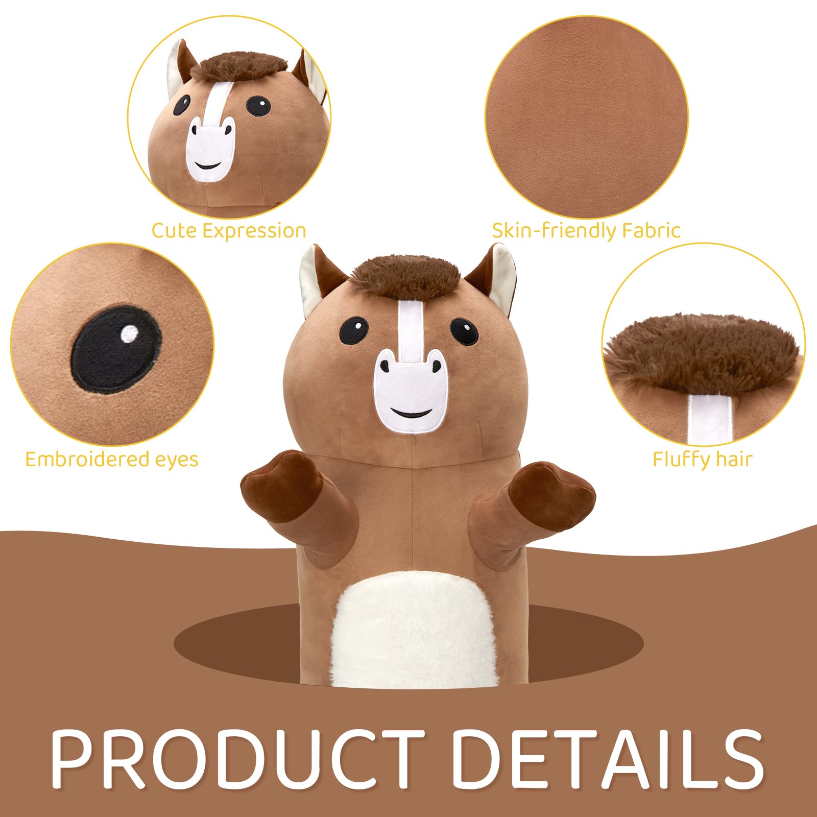 KERTA 43 Inch Giant Horse Stuffed Animals, Soft Long Stuffed Horse Plush Boby Pillow for Boys Girls, Large Stuffed Pony Toy Gift for Birthday Christmas 7