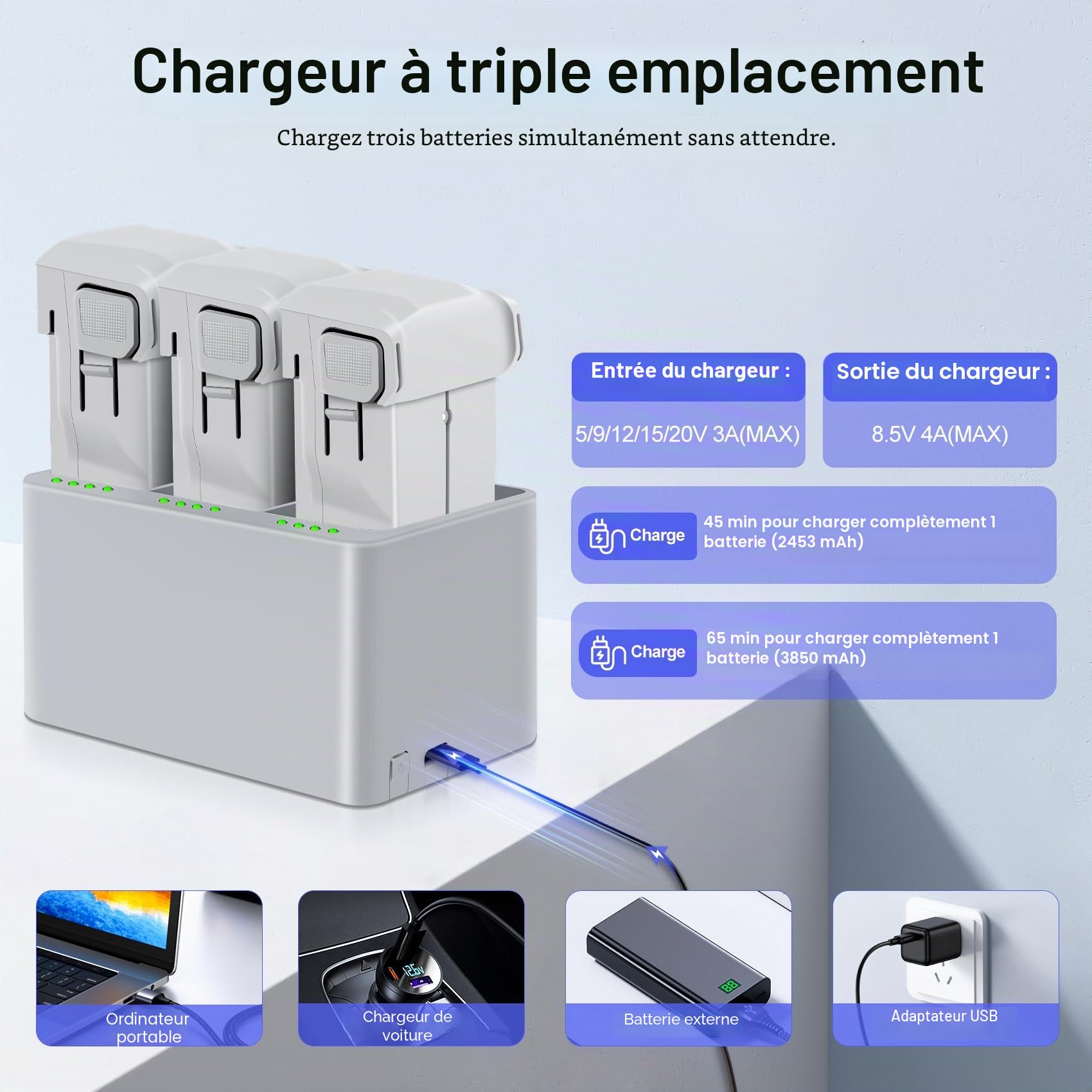Mini 3 Series Batterie Chargeur Kit 2 pièces 7.38V 3850mAh Batterie de vol Intelligente et Station de Recharge bidirectionnelle à 3 emplacements Compatible avec DJI Mini 4 Pro/3 Pro/3 Drone