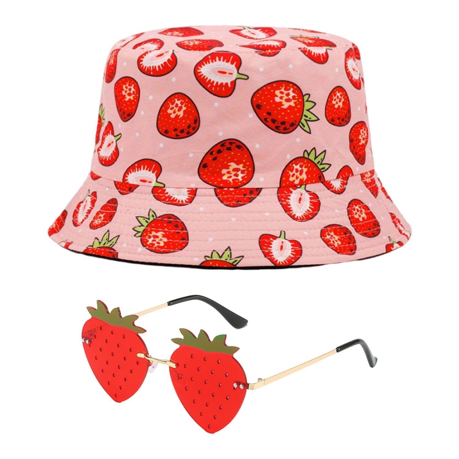 1 Piece of Strawberry Bucket Hat and 1 Piece of Strawberry Glasses, Women's Sun Protection Hat, Uv Protection Hat