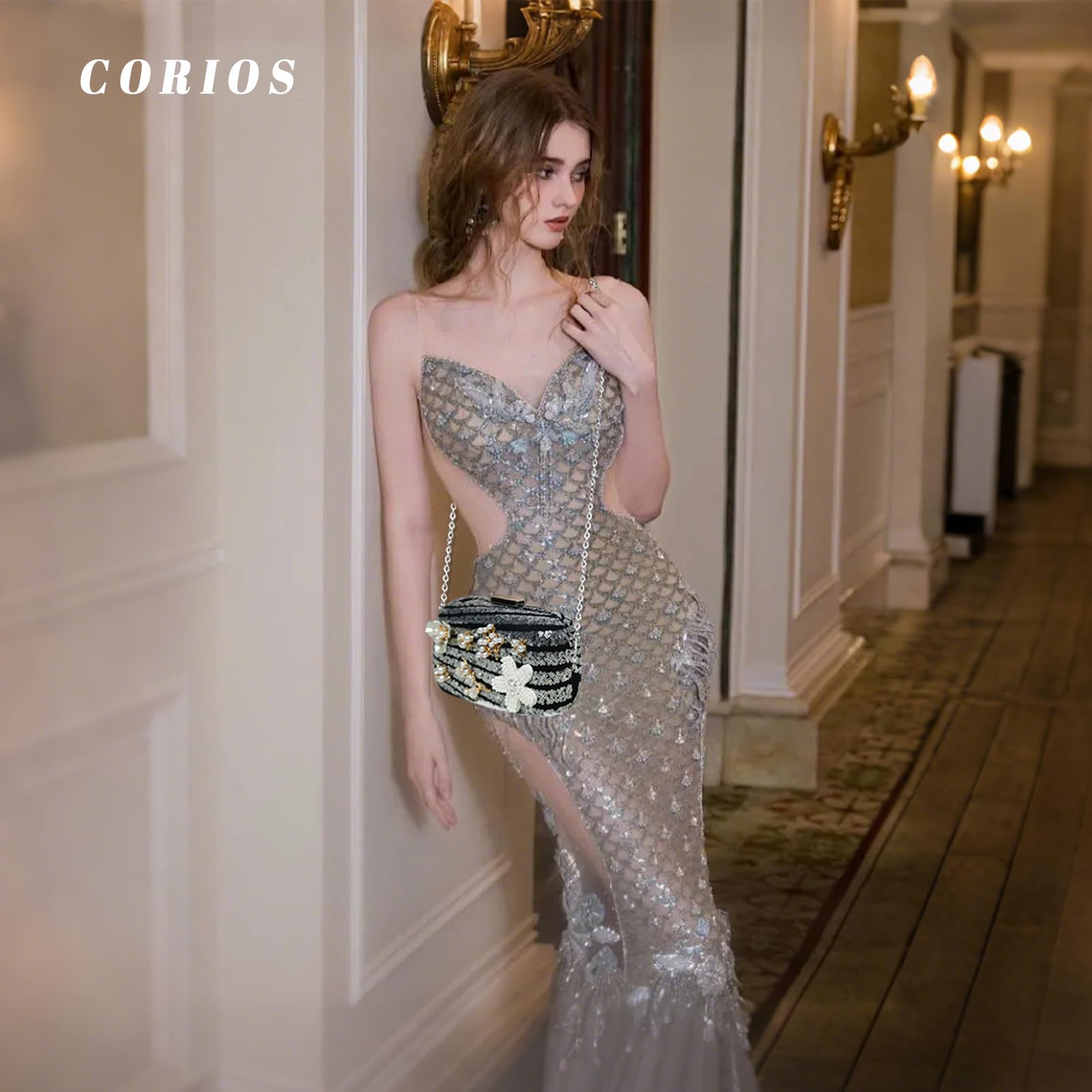 CORIOS Borsetta da Sera con Fiori Donna Clutch con Paillettes Elegante Perline Borsa a Spalla a Tracolla Pochette Piccolo con Catena Gorgeous Borsa Sposa per Cocktail Festa Ballo