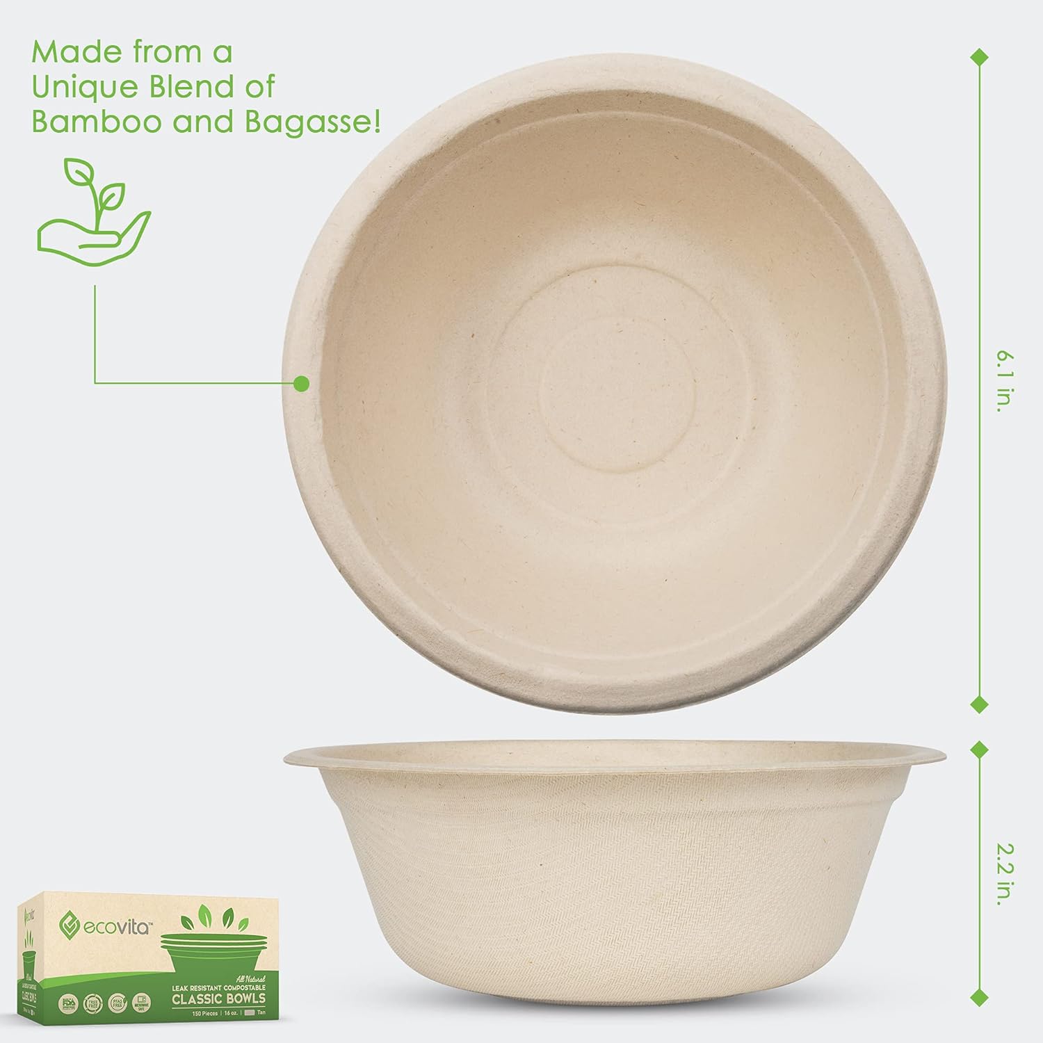 Ecovita 100% Compostable Paper Bowls [16 oz.] – 150 Disposable Bowls Eco Friendly Sturdy Tree Free Liquid and Heat Resistant Alternative to Plastic or Paper Bowls - Image 2