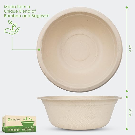 Ecovita 100% Compostable Paper Bowls [16 oz.] 150 Disposable Bowls Eco Friendly Sturdy Tree Free Liquid and Heat Resistant Alternative to Plastic or Paper Bowls