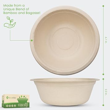 Ecovita 100% Compostable Paper Bowls [16 oz.] 150 Disposable Bowls Eco Friendly Sturdy Tree Free Liquid and Heat Resistant Alternative to Plastic or Paper Bowls