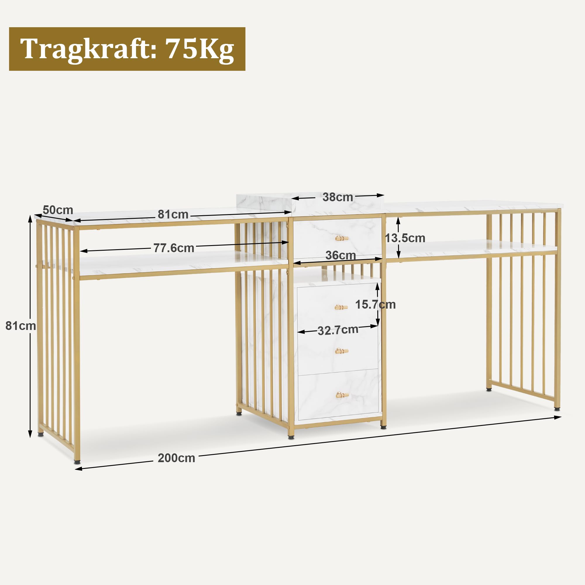 MCombo M tavolo per unghie doppio con cassetti, scrivania con ripiano, tavolo per manicure, toletta senza specchio soggiorno moderno, marmo-bianco-oro, 50 x 200 x 86cm, 2413