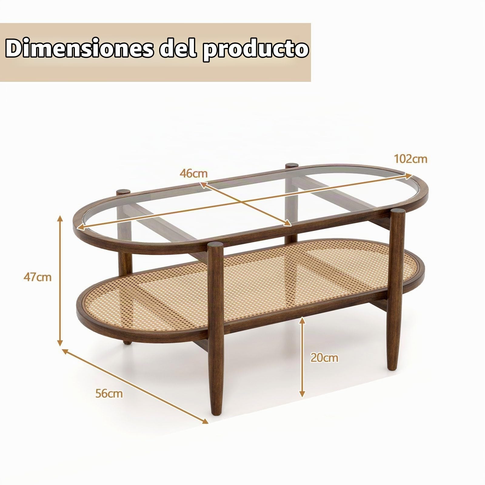 LIFEZEAL Mesa de Centro de Cristal y Madera Maciza Con 2 Niveles - Ovalada Con Ratán para Salón, Dormitorio, Oficina - 102x46x47cm