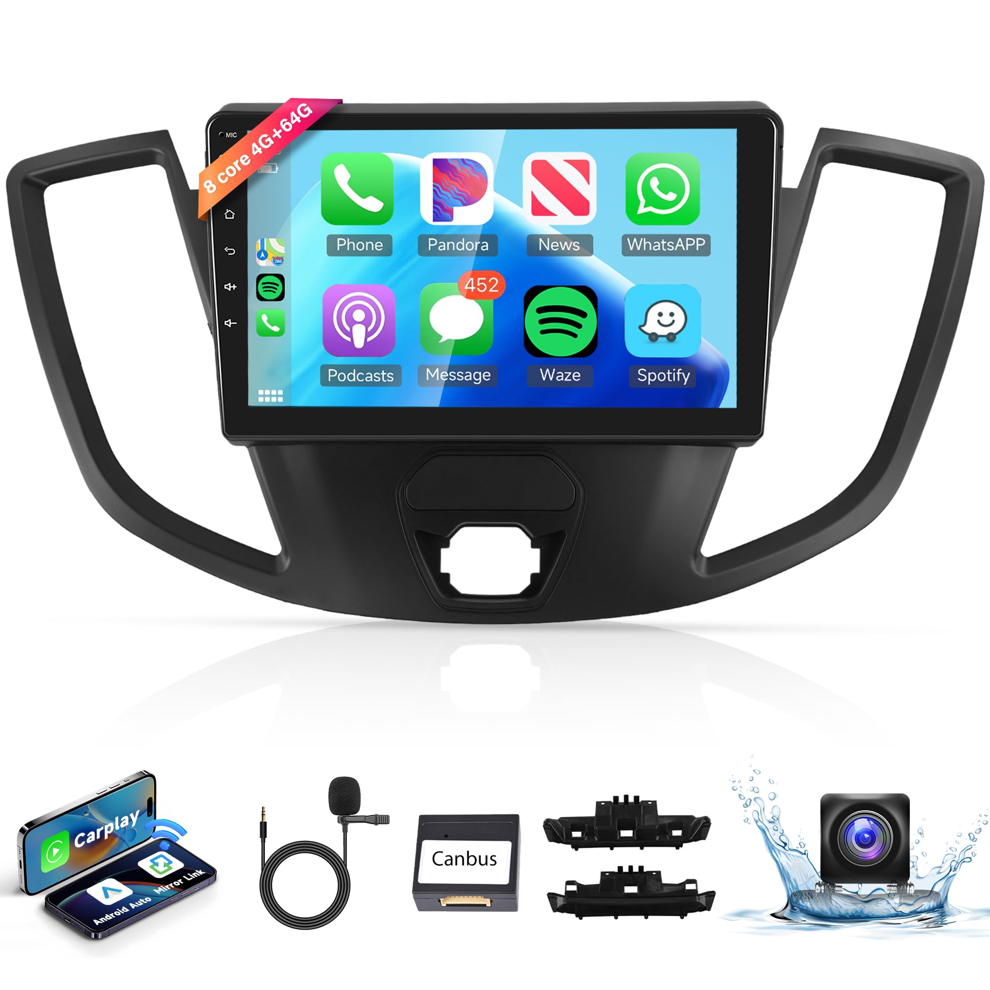 8 Core 4+64G Android 13 Car Radio Car Stereo for Ford Transit 2013-2019 with Wireless Carplay Android Auto, 9’’Touchscreen, WiFi, GPS Navigation,DSP, Mirror Link, Bluetooth, AHD Camera/FM RDS