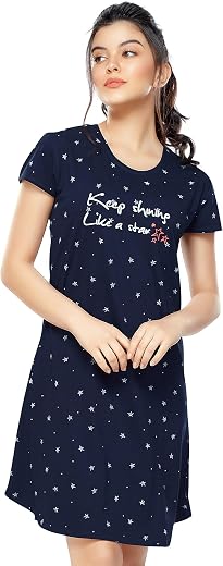 ZEYO Women's Cotton Night Dress Star Printed Knee Length Night Gown 5316
