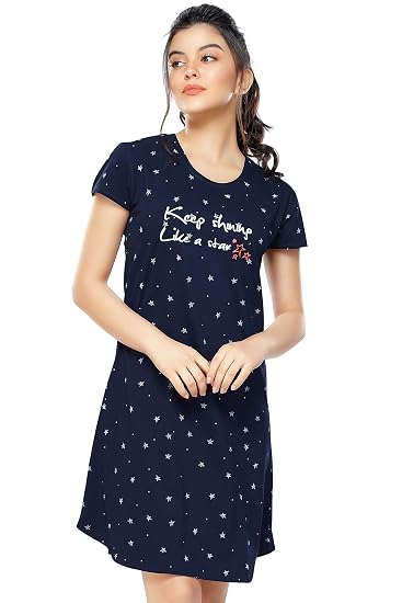 Zeyo Women's Cotton Night Dress - Star Printed Knee Length Nightgown, Half Sleeve, Green, Size Medium