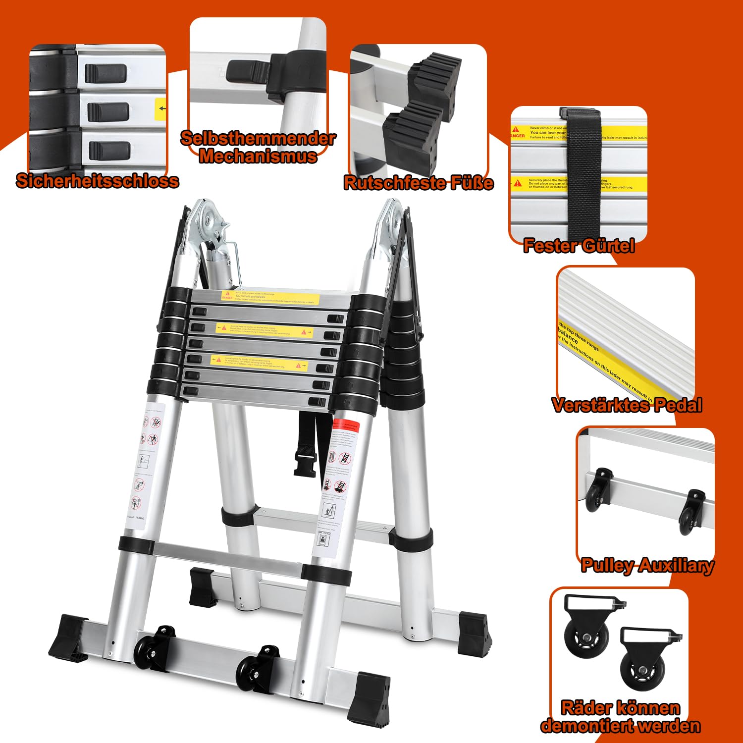 Herrselsam Telescopic Ladder, Folding Ladder, Aluminium Extendable