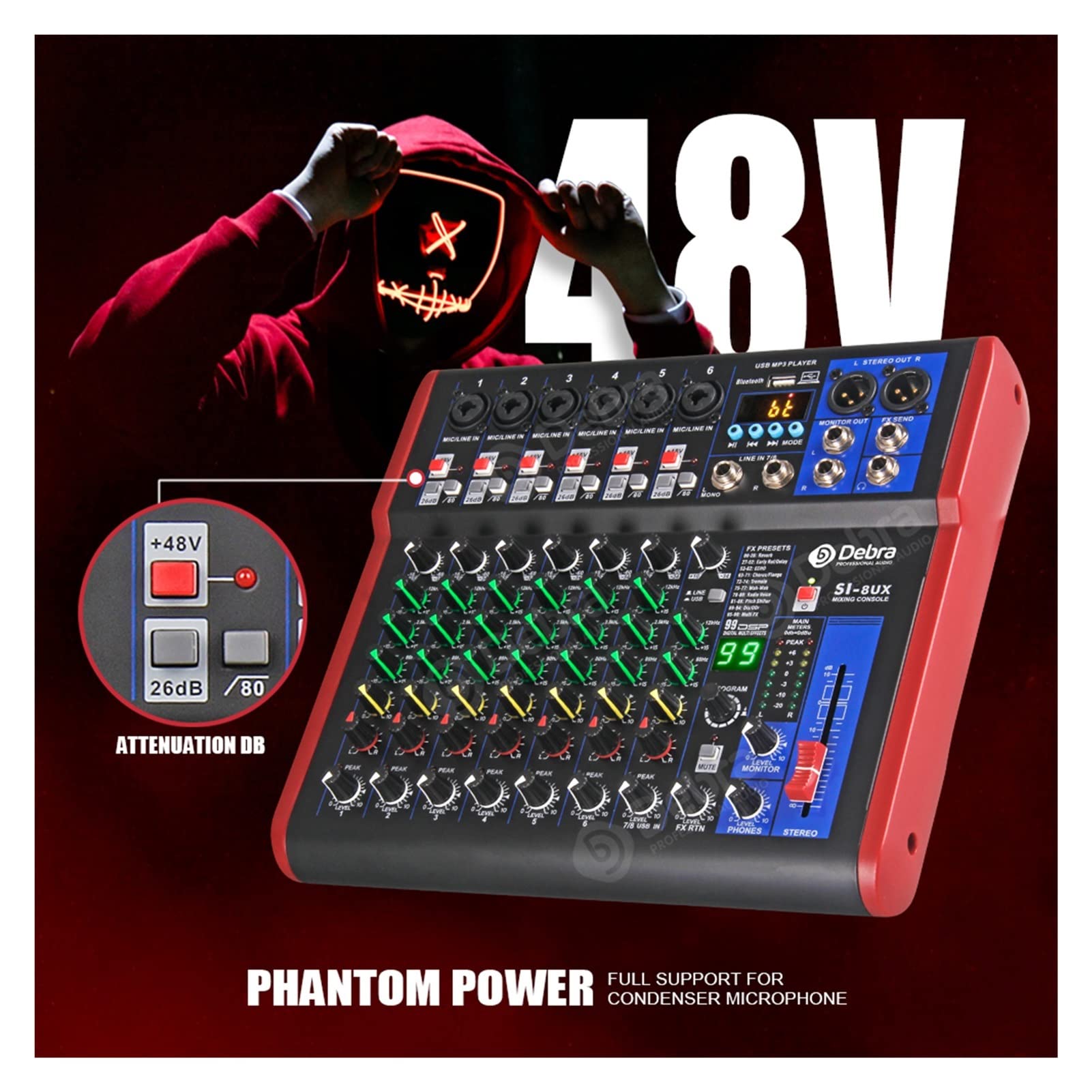 Attrezzatura per DJ per Feste Interfaccia Audio Mixer a 8 canali for DJ Controller della Console di miscelazione Karaoke Recording Studio con 99 Dsp Effetti digitali