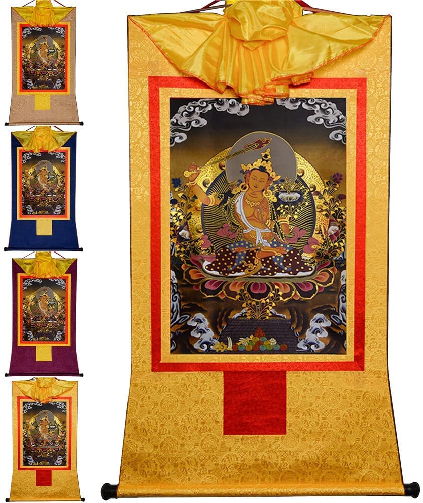 Gobelin Thangka, Thangka, buddyjska statua malarstwa Buddy, gobelin Buddy ze zwojem, Manjusri, Budda mądrości, tybetańska statua Buddy Malarstwo Sztuki, Gobelin Buddy ze zwojem, typ czarny (kolor: M