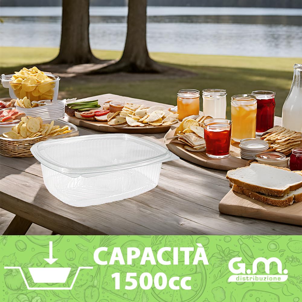 GM 200 Contenitori Ermetici Ovali 1500cc - Trasparenti - Con Coperchio - Monouso PET - Made In Italy