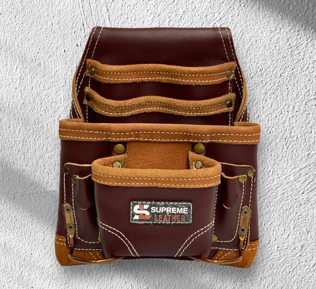 Supreme Leather Tool Pouch – 10 Pocket Tool Bag with 2 Stainless Steel Hammer Holders | Heavy-Duty Top Grain Leather Electrician’s Pouch for Construction, Carpenter & Woodworking