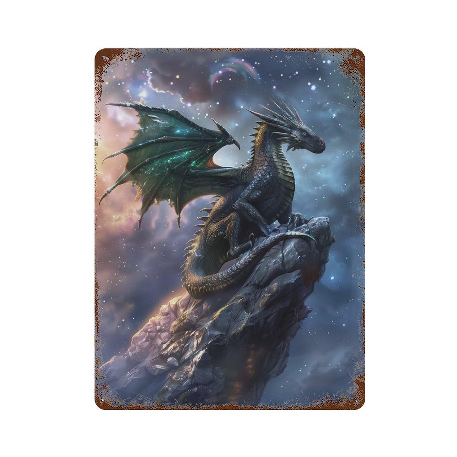 Garage Style Mystical Dragon On Rock Distressed Metal Wall Sign 15.7"x11.8", Vintage Wall Decor for Bar And Workshop