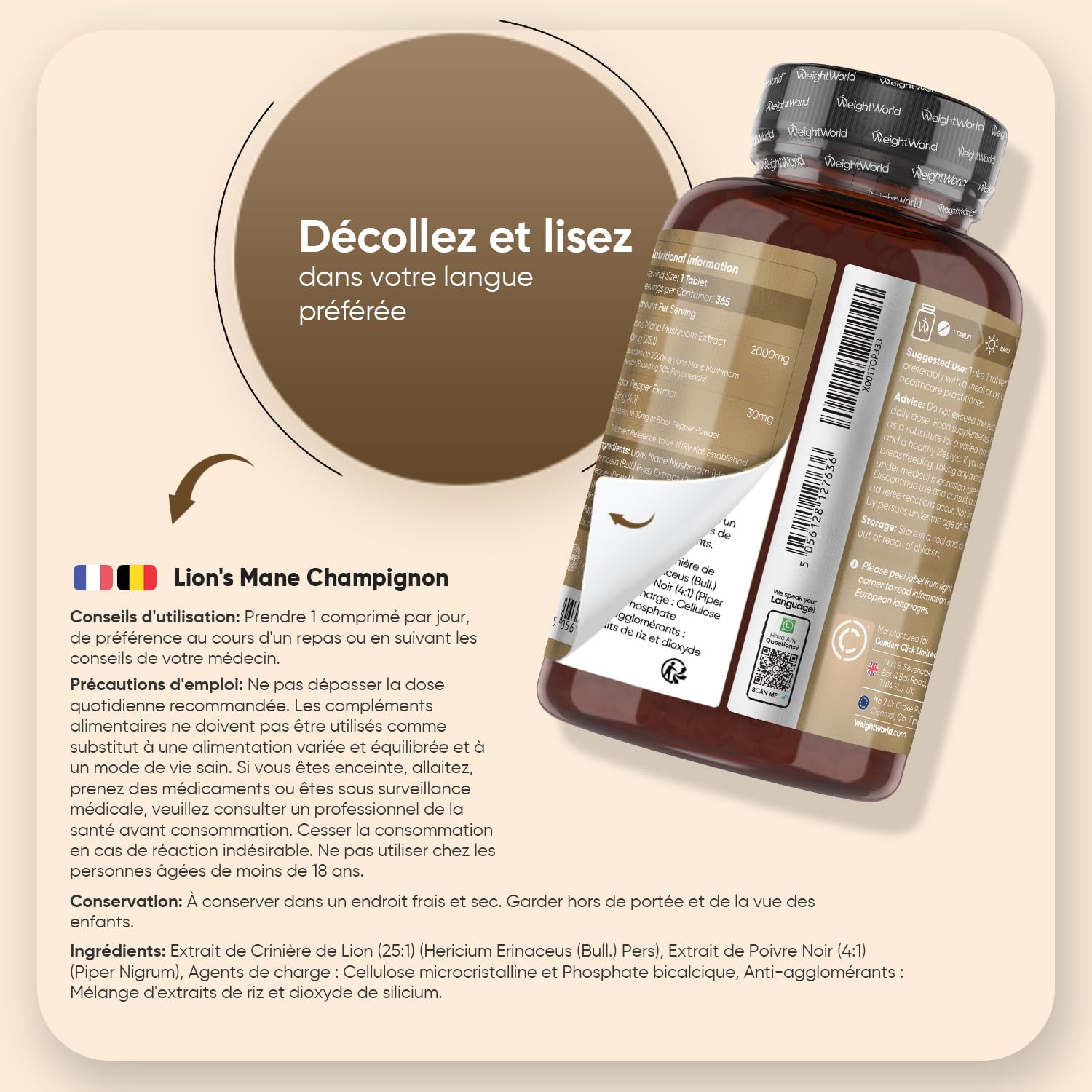 Lions Mane Champignon 2000mg 365 Micro-Comprimés Vegan (1 An), avec Poivre Noir Fournit 50% de Polyphénols, Extrait d'Hericium Erinaceus 25:1 Champignon Crinière de Lion sans Stearate de Magnésium