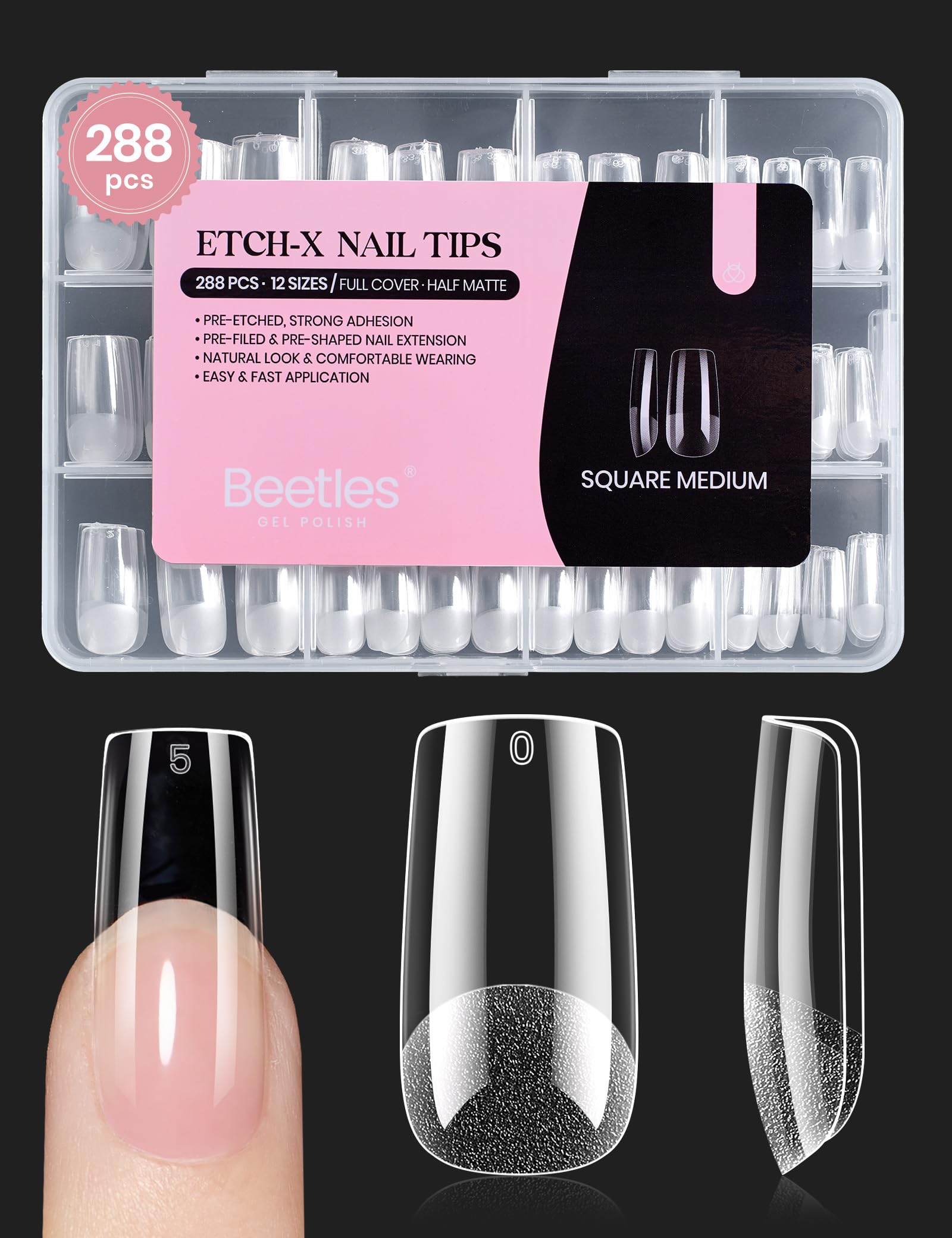 Beetles Gel Nail Tips Etch-X, Square Medium, 288Pcs 12 Sizes, Pre-Etched Half Matte Soft Acrylic False Nail Tips Full Cover Easy DIY Fake Press On Nail Extension Salon Gift for Women