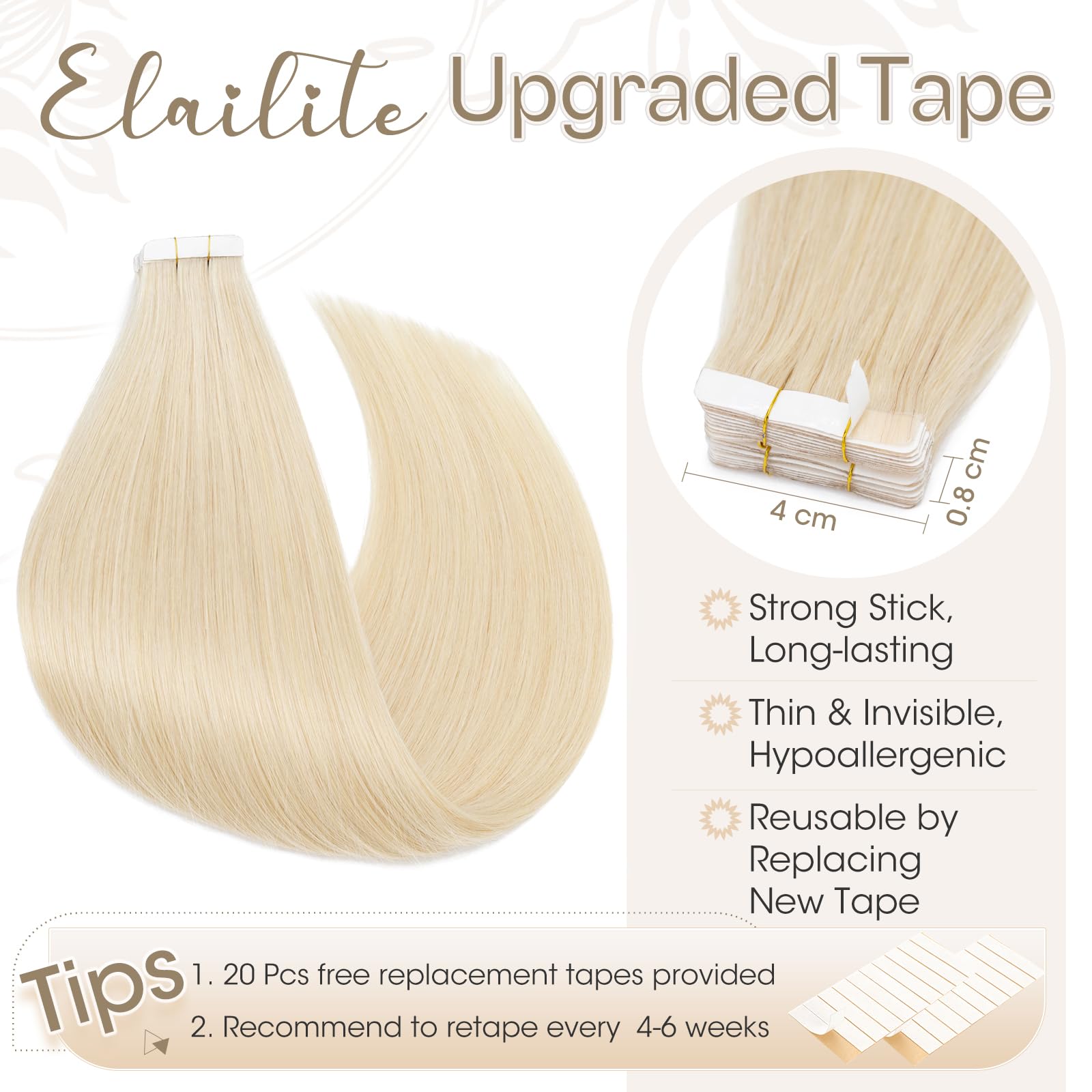 Elailite Tape in Extensions Human Hair 40 Pcs Invisible Thin Type (1.5g/pcs) - Image 3