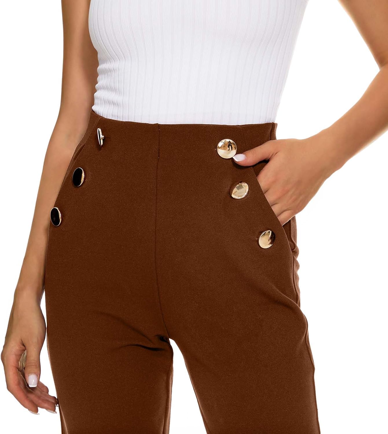 Women's Casual High Waisted Ankle Cropped Pants Elastic Waistband Slant Pockets with Metal Buttons - Image 3