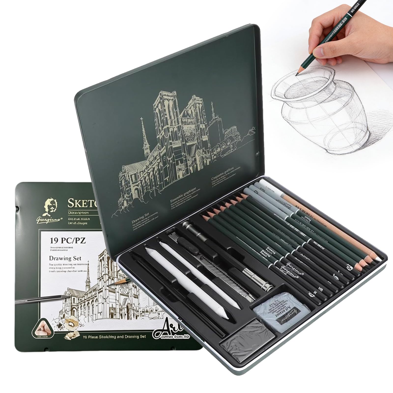HORREX 19 Pcs Art Supplies, Professional Quality Pencils Set in Metal Case