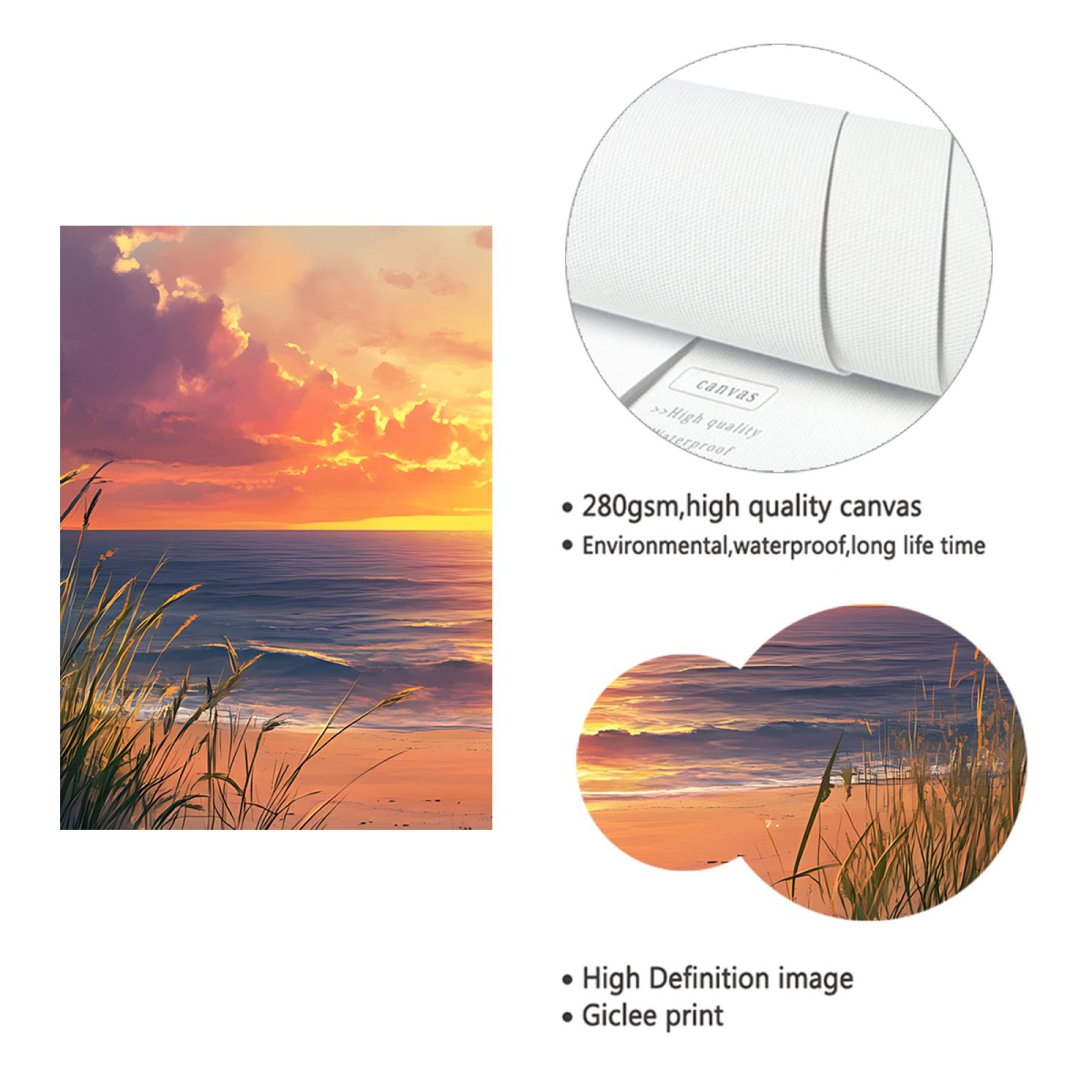 OSHIONARTE Sonnenaufgang und Sonnenuntergang Leinwandbilder gerahmt für Wohnzimmer Sandiger Weg zum Meer mit Seegras Bilder Druck auf Leinwand 60x90cm Innenrahmen