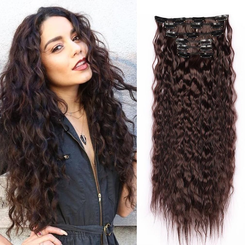 6PCS Clip in Hair Extensions 22″ Synthetic Long Curly Wavy Hair Extensions Natural Thick Deep Wave Hairpieces for Women Chocolate Brown Color