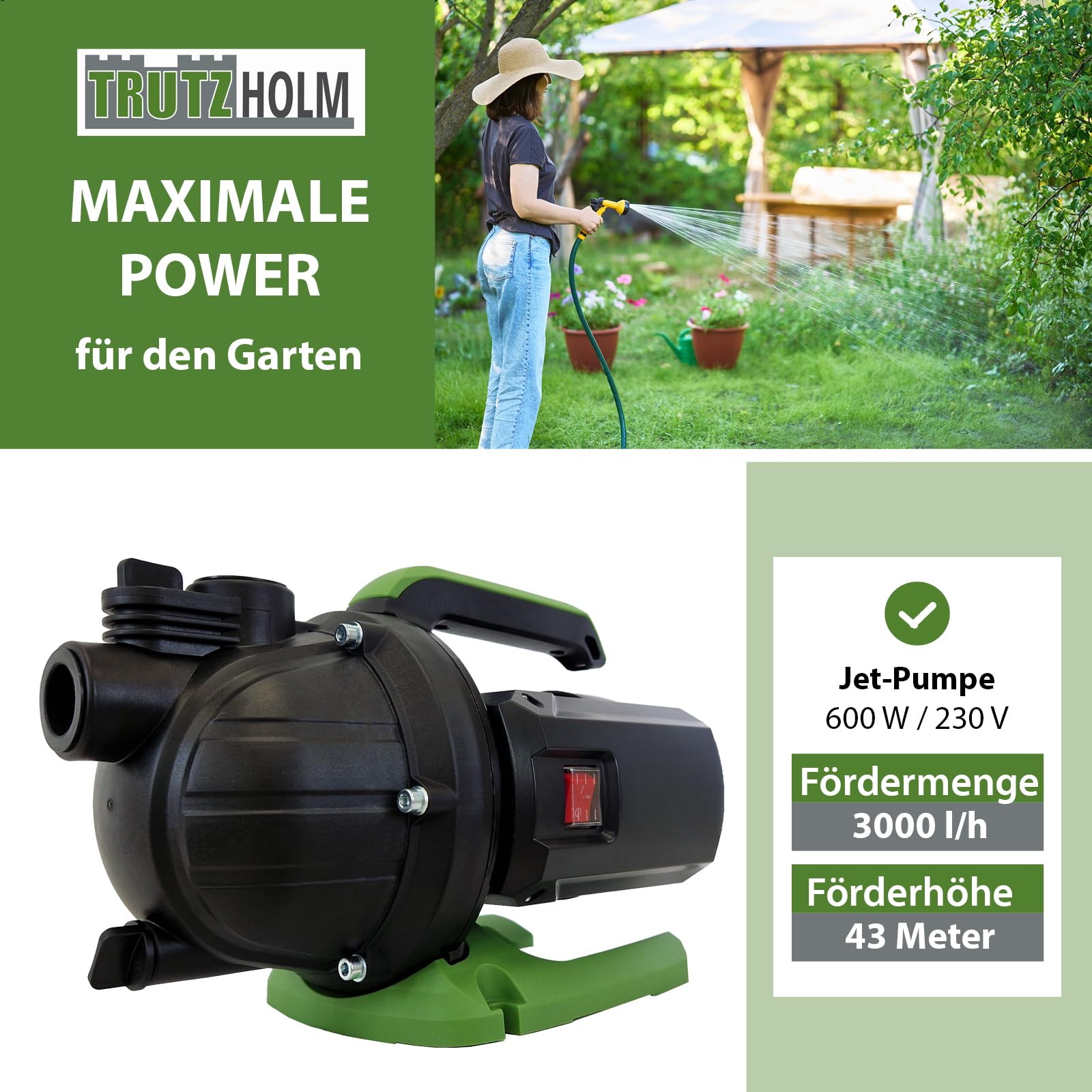 TRUTZHOLM Gartenpumpe 600 W 3000 l/h Förderhöhe 43 m Förderdruck max. 4,4 bar 1" Anschluss Jetpumpe Druckpumpe Saugpumpe zur Gartenbewässerung inkl. praktischem Handgriff und stabilem Pumpenfuß