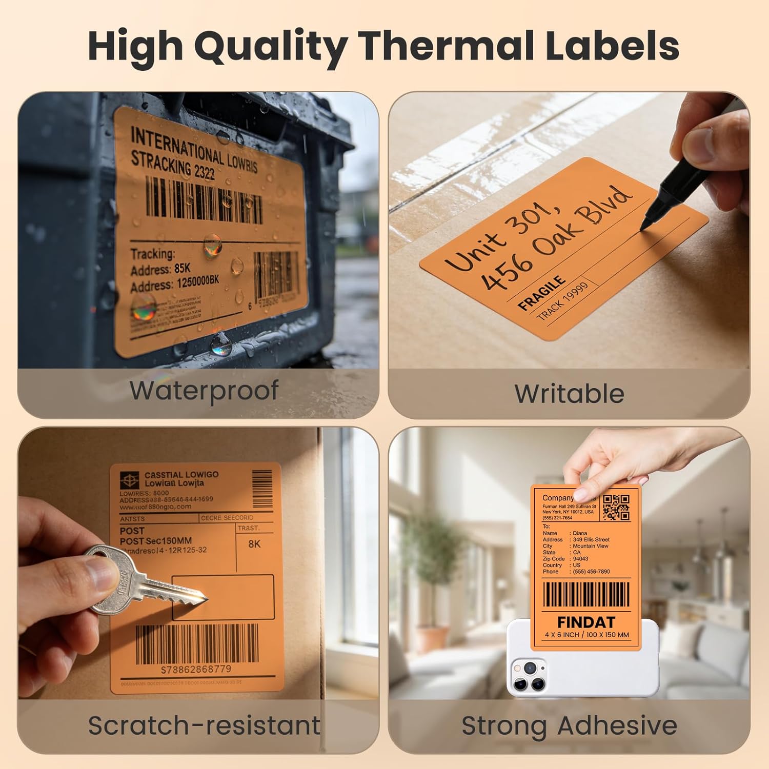 4''× 6'' Thermal Labels Orange Vinyl Direct Printer Shipping Label Roll Rectangle Waterproof Self-Adhesive Perforated Address Mailing Stickers for UPS Package Business Postage Barcode 250 PCS - Image 5