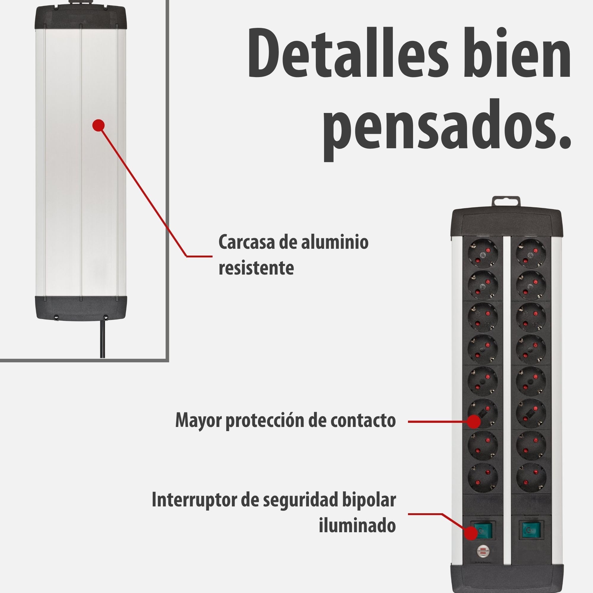 Brennenstuhl Premium-ALU-Line regleta enchufes con 16 Tomas y Interruptor Individual (Cable de 3m, 2X Interruptor Iluminado, Fabricado en Alemania)