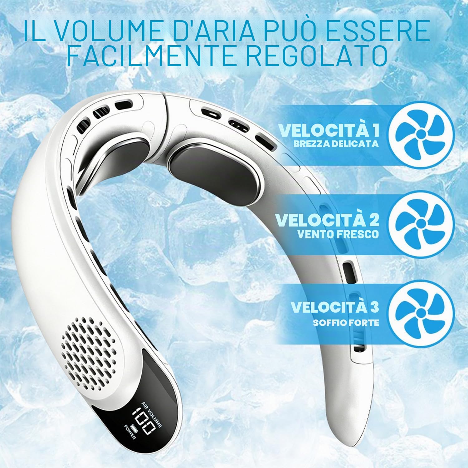 Ventilatore da collo portatile, 3 velocità, silenzioso e potente, ventilatore senza pale con display a LED, ventilatore personale ricaricabile da appendere per esterni, viaggi,