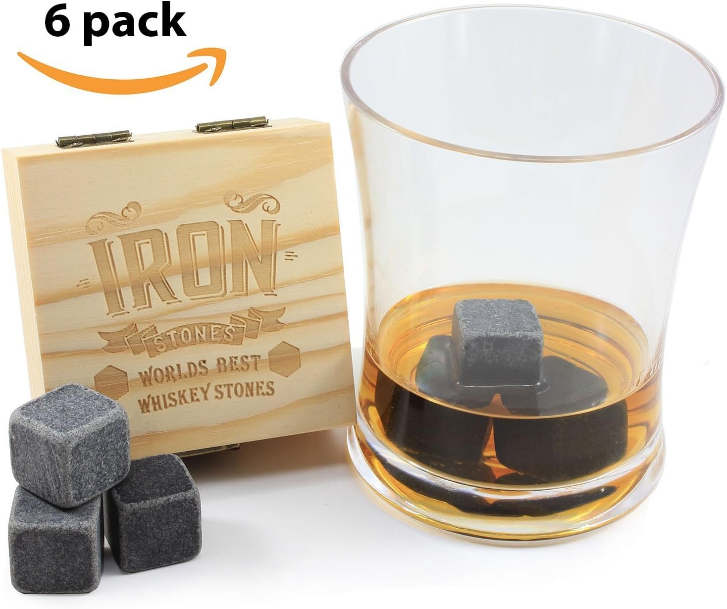 Iron Products Whiskey Stones For Whiskey, Bourbon, Scotch, And Wine - The Perfect Mother or Fathers Day Gift - Set Of 6 Stones Packaged In Wooden Gift Box And Velvet Bag Included.