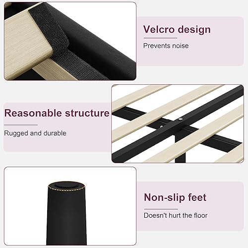 Miniatura 6 de Base de cama Queen con cabecero, canal vertical acolchonado, marco de cama resistente tamaño Queen, no necesita somier, fácil montaje (beige, Queen